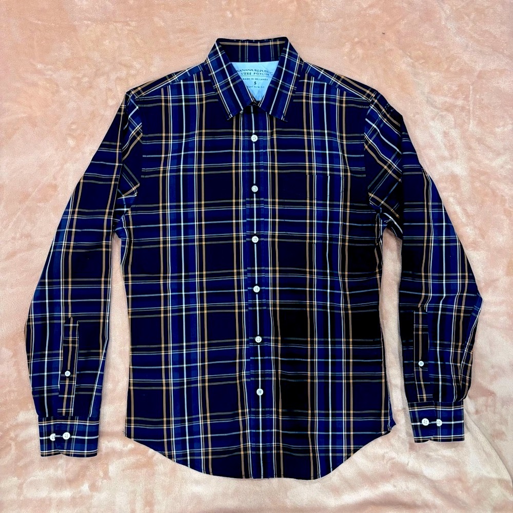 Banana Republic | Men’s Long-Sleeve Luxe Poplin Plaid Button-Down Shirt | Small